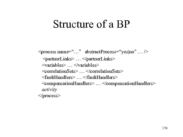 Structure of a BP <process name=“…” abstract. Process=“yes|no” … /> <partner. Links> … </partner.
