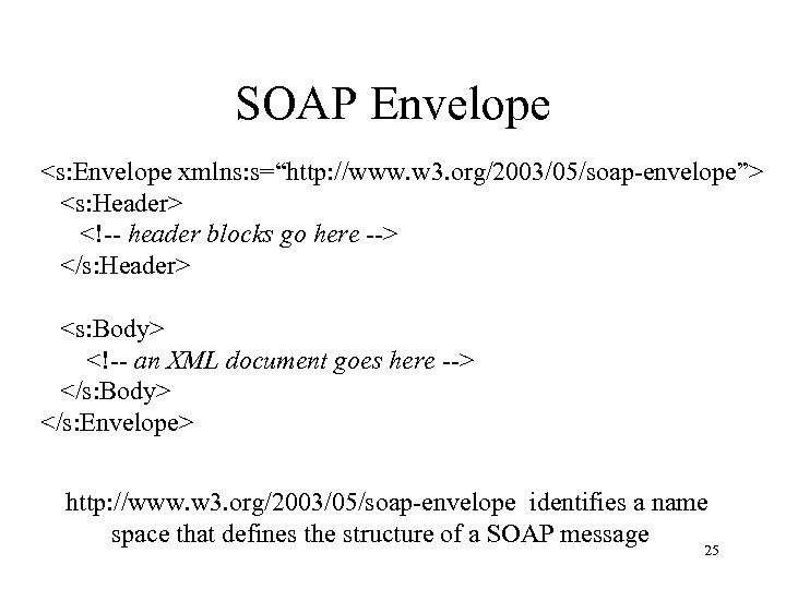 SOAP Envelope <s: Envelope xmlns: s=“http: //www. w 3. org/2003/05/soap-envelope”> <s: Header> <!-- header