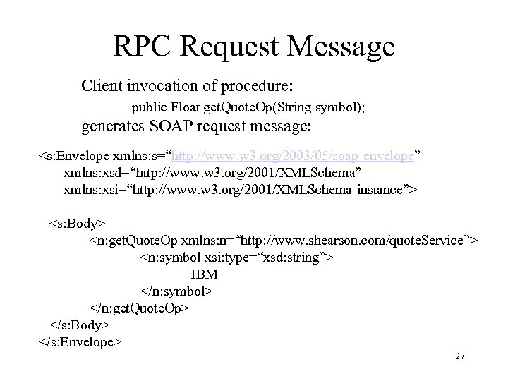 RPC Request Message Client invocation of procedure: public Float get. Quote. Op(String symbol); generates