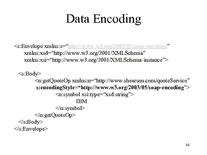 Data Encoding <s: Envelope xmlns: s=“http: //www. w 3. org/2003/05/soap-envelope” xmlns: xsd=“http: //www. w