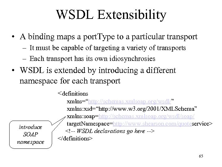 WSDL Extensibility • A binding maps a port. Type to a particular transport –