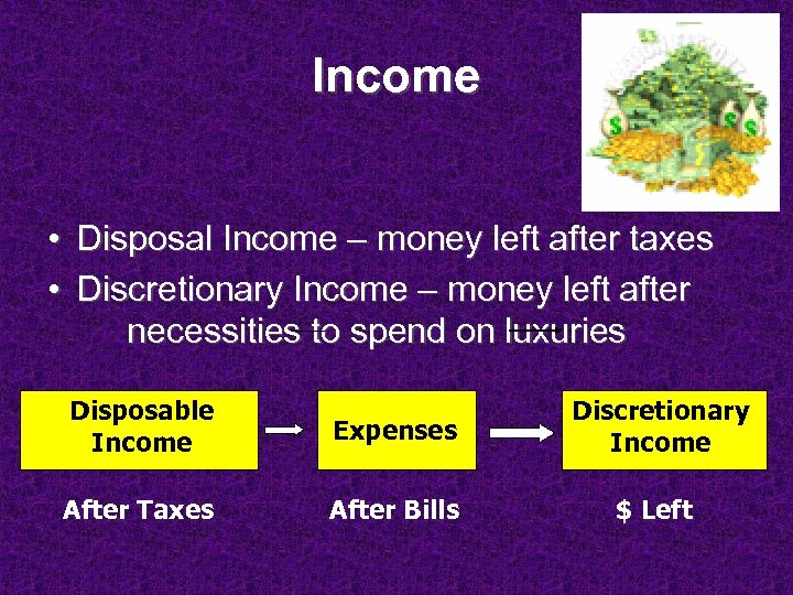 Income • Disposal Income – money left after taxes • Discretionary Income – money