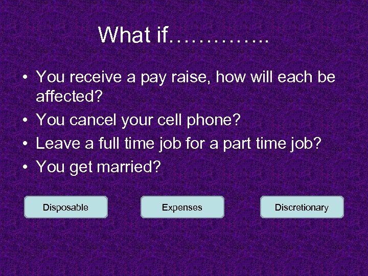 What if…………. . • You receive a pay raise, how will each be affected?