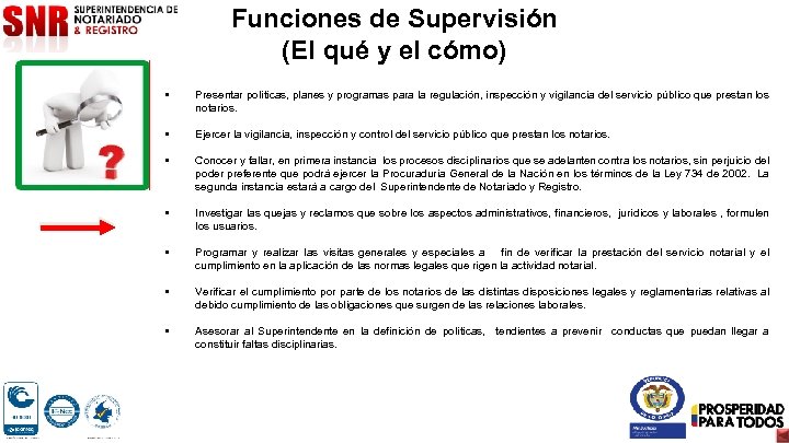 Funciones de Supervisión (El qué y el cómo) • Presentar políticas, planes y programas