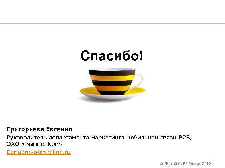 Спасибо! Григорьева Евгения Руководитель департамента маркетинга мобильной связи В 2 В, ОАО «Вымпел. Ком»