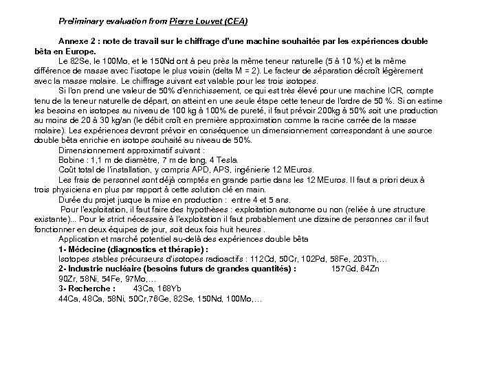 Preliminary evaluation from Pierre Louvet (CEA) Annexe 2 : note de travail sur le