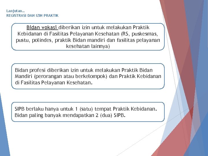 Lanjutan… REGISTRASI DAN IZIN PRAKTIK Bidan vokasi diberikan izin untuk melakukan Praktik Kebidanan di
