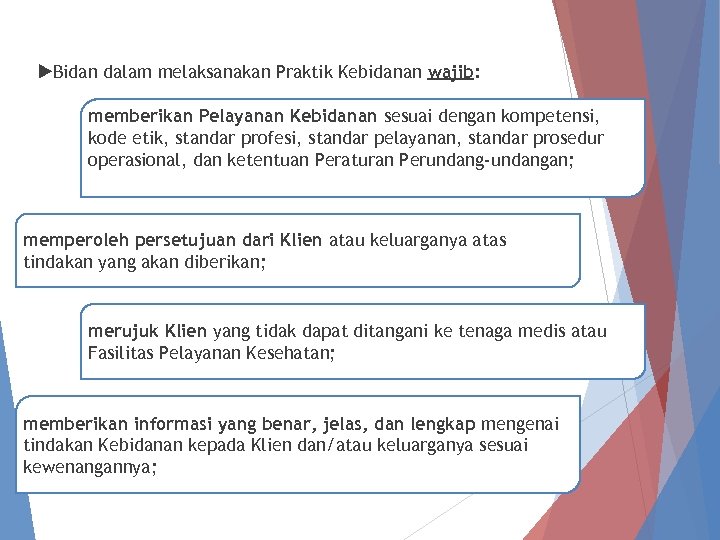  Bidan dalam melaksanakan Praktik Kebidanan wajib: memberikan Pelayanan Kebidanan sesuai dengan kompetensi, kode