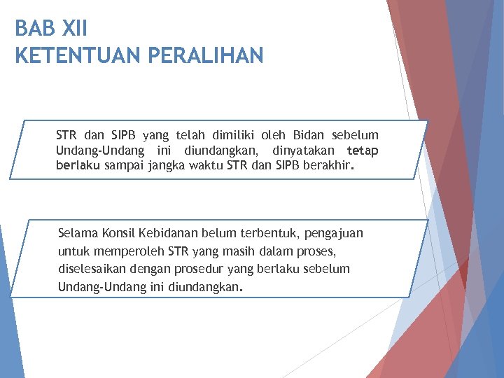 BAB XII KETENTUAN PERALIHAN STR dan SIPB yang telah dimiliki oleh Bidan sebelum Undang-Undang