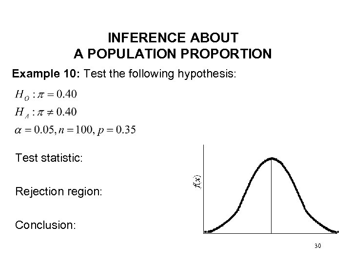 INFERENCE ABOUT A POPULATION PROPORTION Example 10: Test the following hypothesis: Test statistic: Rejection