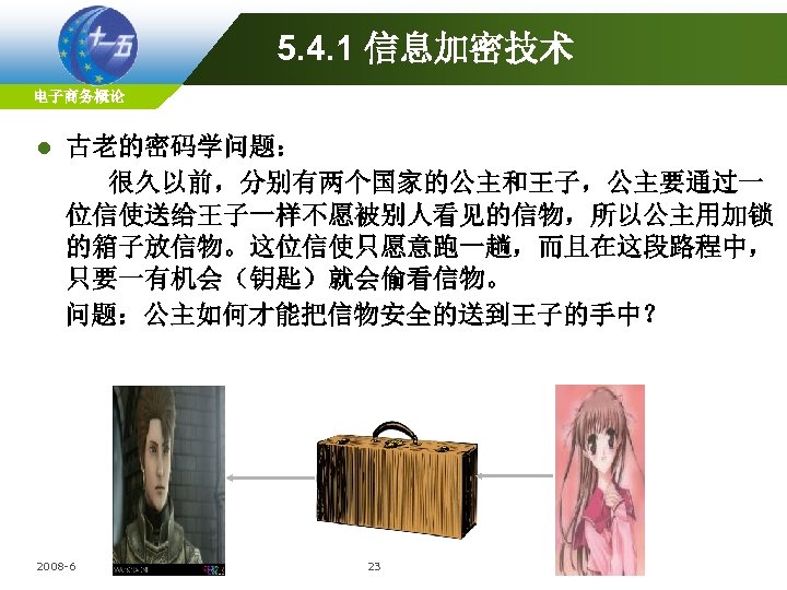 5. 4. 1 信息加密技术 电子商务概论 l 古老的密码学问题： 很久以前，分别有两个国家的公主和王子，公主要通过一 位信使送给王子一样不愿被别人看见的信物，所以公主用加锁 的箱子放信物。这位信使只愿意跑一趟，而且在这段路程中， 只要一有机会（钥匙）就会偷看信物。 问题：公主如何才能把信物安全的送到王子的手中？ 2008 -6