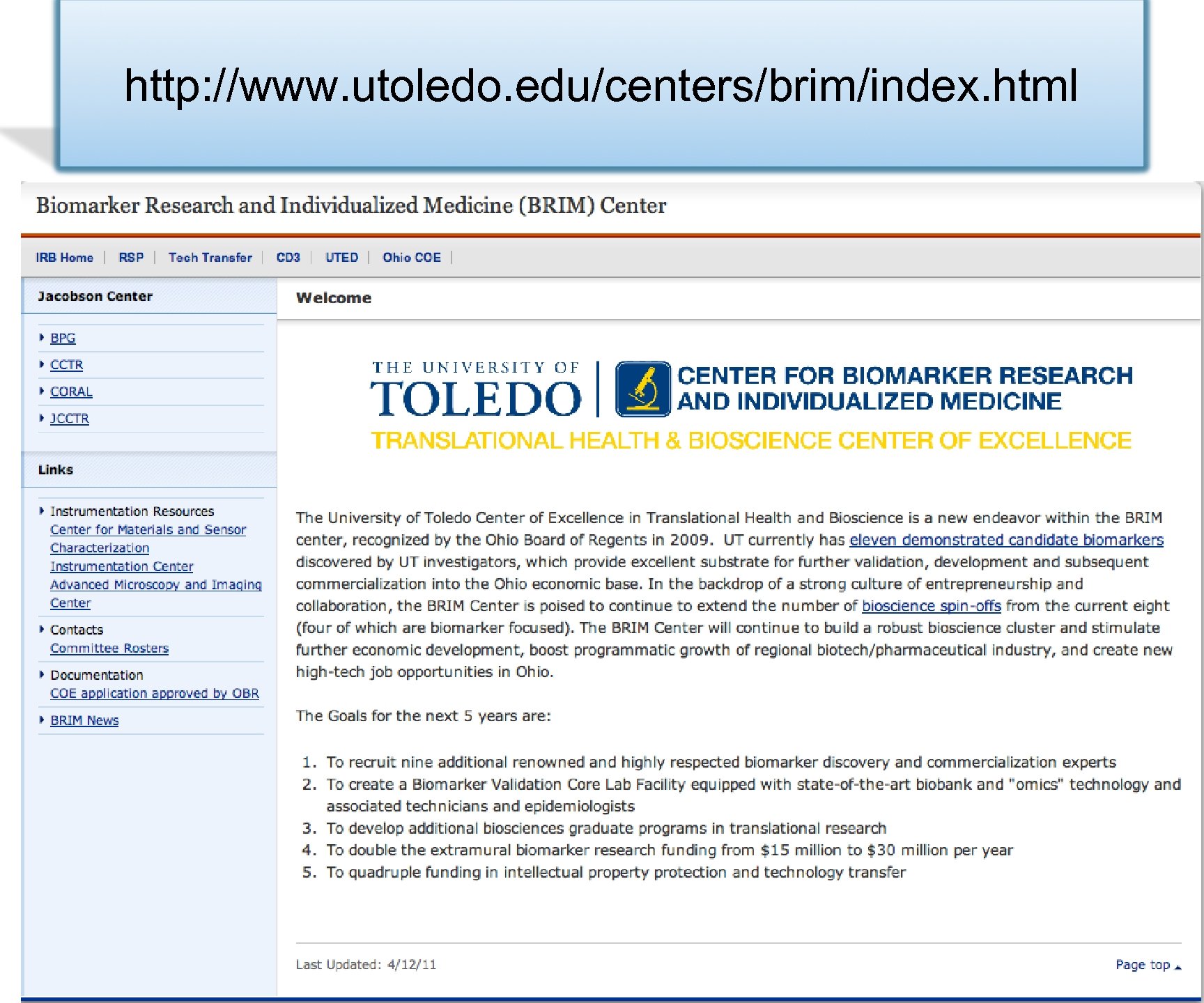 http: //www. utoledo. edu/centers/brim/index. html 