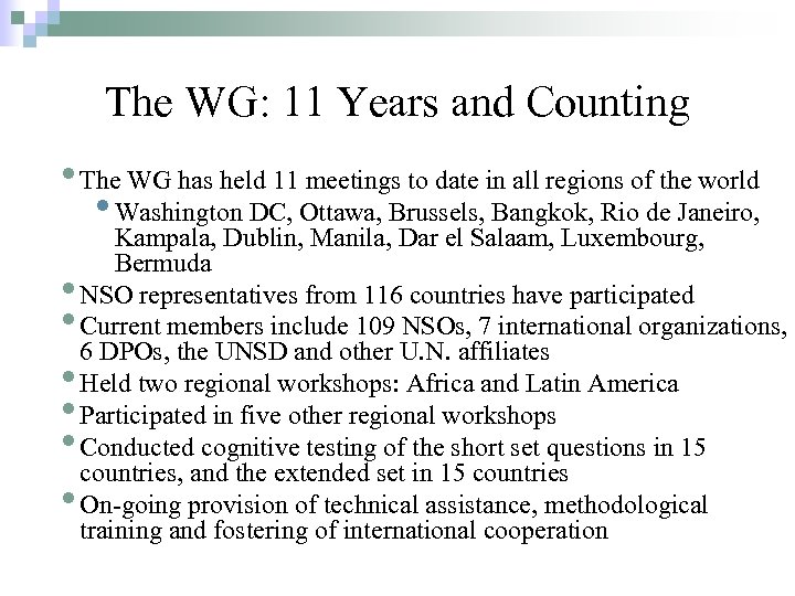 The WG: 11 Years and Counting • The WG has held 11 meetings to