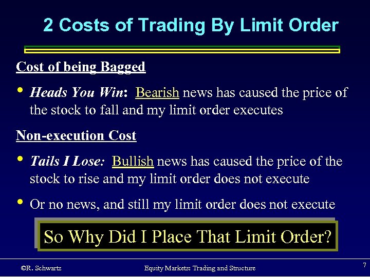 2 Costs of Trading By Limit Order Cost of being Bagged • Heads You