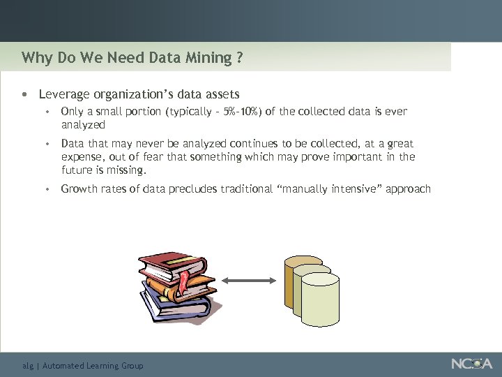 Why Do We Need Data Mining ? • Leverage organization’s data assets • Only