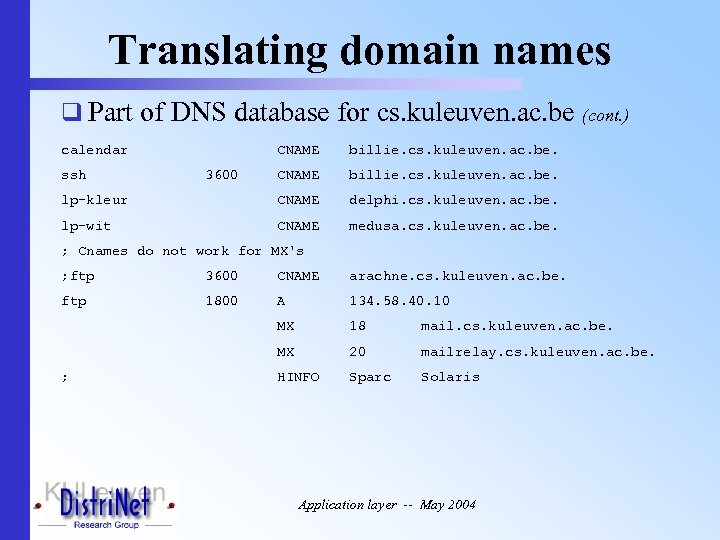 Translating domain names q Part of DNS database for cs. kuleuven. ac. be (cont.