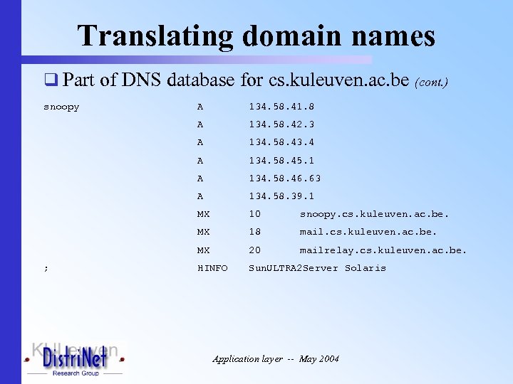 Translating domain names q Part of DNS database for cs. kuleuven. ac. be (cont.