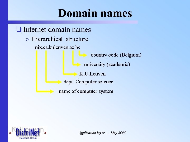 Domain names q Internet domain names o Hierarchical structure nix. cs. kuleuven. ac. be