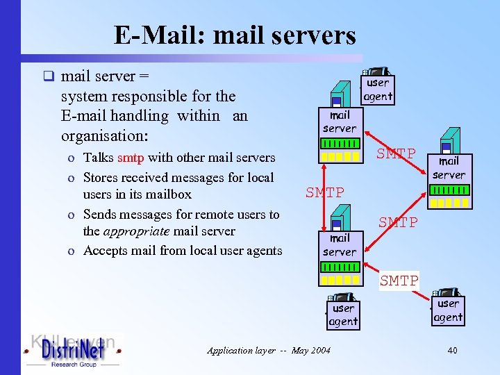 E-Mail: mail servers q mail server = system responsible for the E-mail handling within