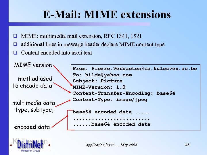 E-Mail: MIME extensions q MIME: multimedia mail extension, RFC 1341, 1521 q additional lines