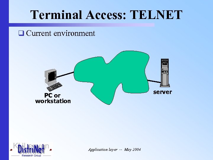 Terminal Access: TELNET q Current environment server PC or workstation Application layer -- May