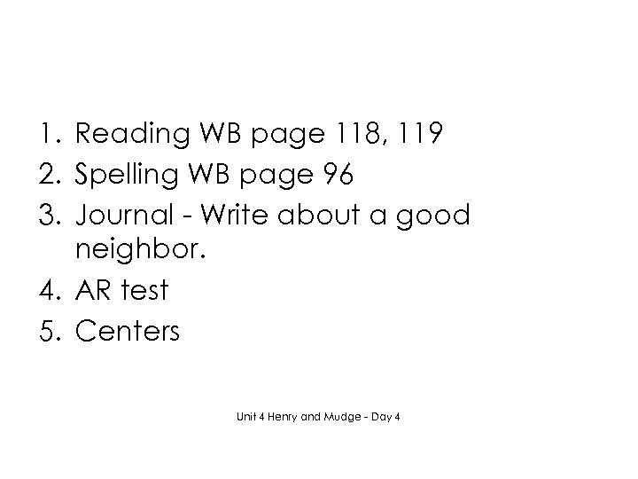 1. Reading WB page 118, 119 2. Spelling WB page 96 3. Journal -