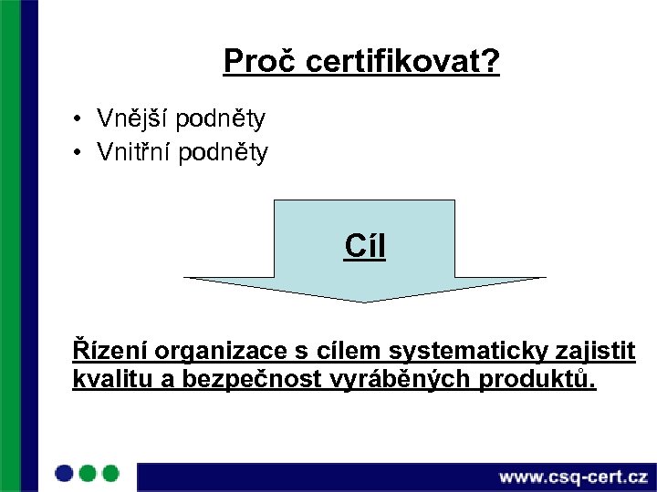 Proč certifikovat? • Vnější podněty • Vnitřní podněty Cíl Řízení organizace s cílem systematicky