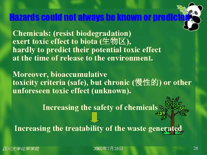 Hazards could not always be known or predicted： Chemicals: (resist biodegradation) exert toxic effect