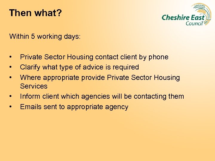 Then what? Within 5 working days: • • • Private Sector Housing contact client