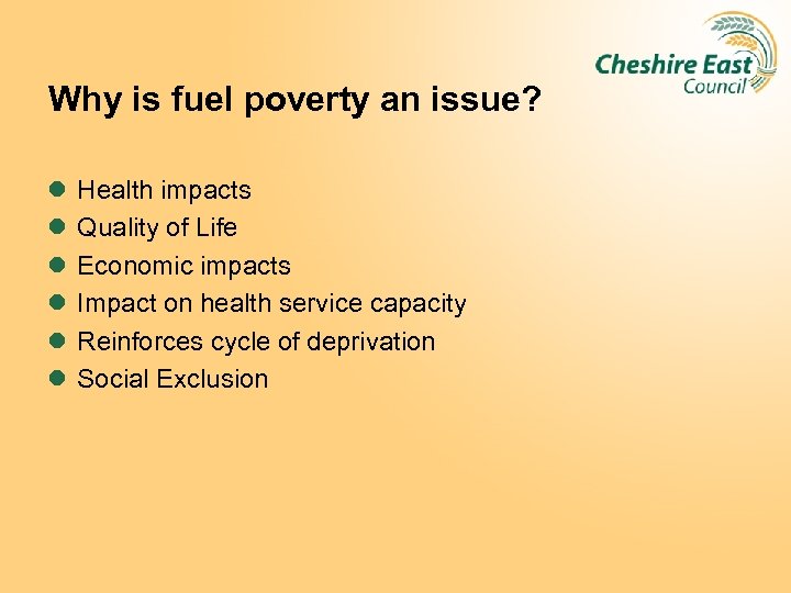 Why is fuel poverty an issue? l l l Health impacts Quality of Life