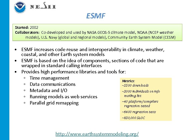 ESMF Started: 2002 Collaborators: Co-developed and used by NASA GEOS-5 climate model, NOAA (NCEP