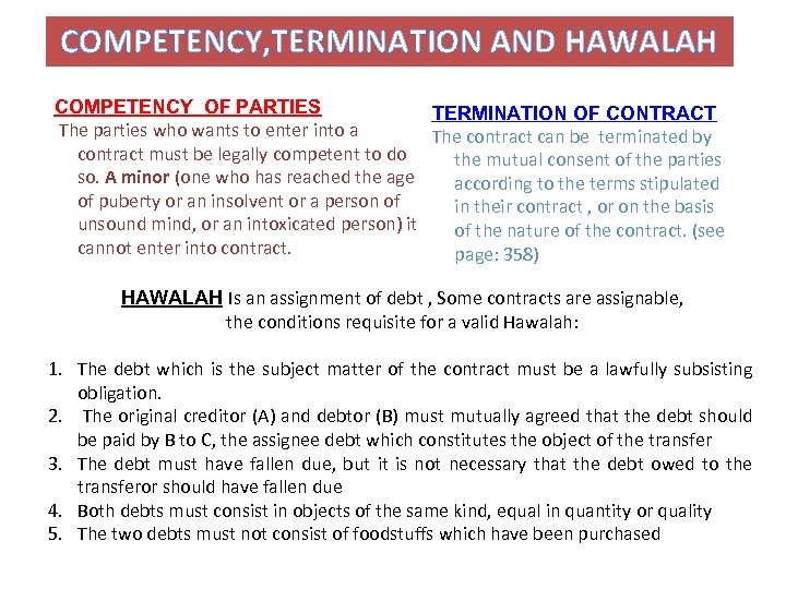 COMPETENCY, TERMINATION AND HAWALAH COMPETENCY OF PARTIES TERMINATION OF CONTRACT The parties who wants