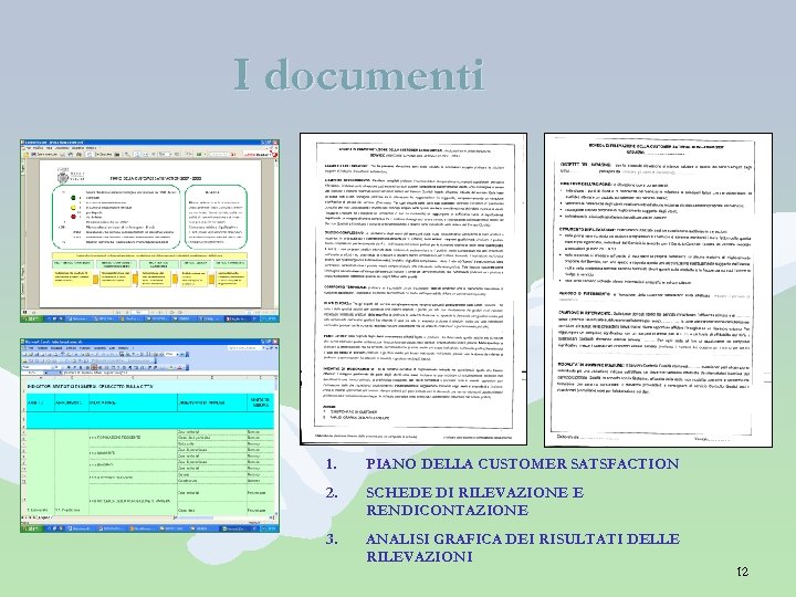 I documenti 1. PIANO DELLA CUSTOMER SATSFACTION 2. SCHEDE DI RILEVAZIONE E RENDICONTAZIONE 3.