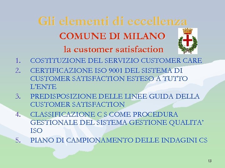Gli elementi di eccellenza COMUNE DI MILANO la customer satisfaction 1. 2. 3. 4.