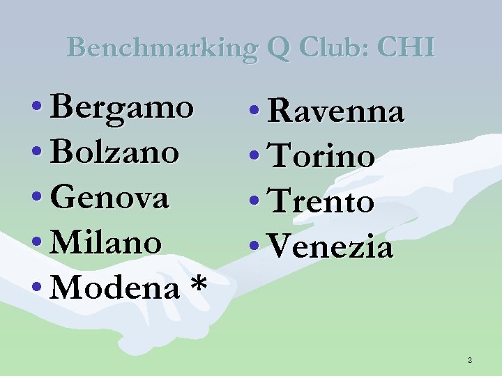Benchmarking Q Club: CHI • Bergamo • Bolzano • Genova • Milano • Modena
