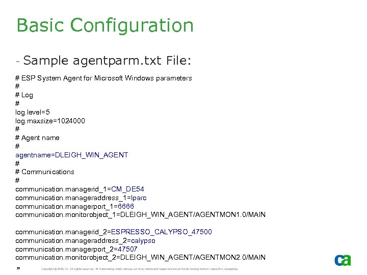 Basic Configuration - Sample agentparm. txt File: # ESP System Agent for Microsoft Windows