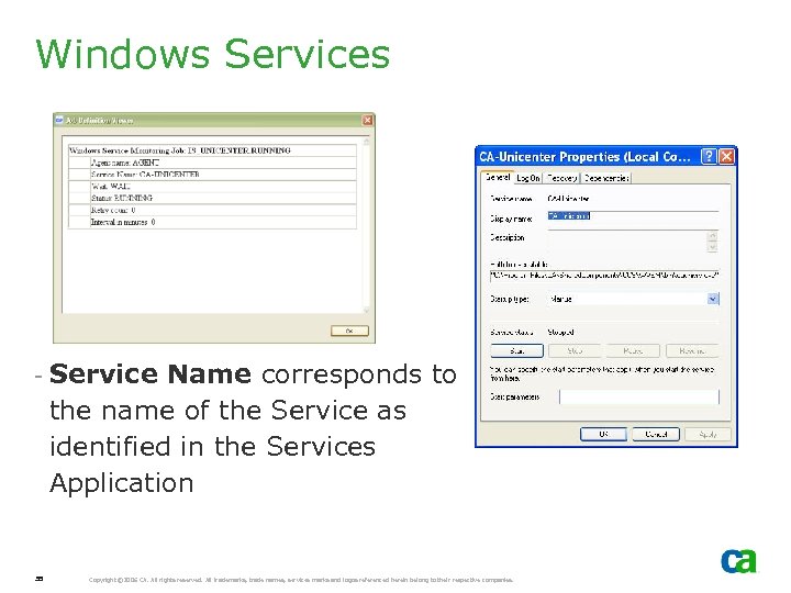 Windows Services - Service Name corresponds to the name of the Service as identified