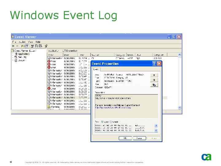 Windows Event Log 41 Copyright © 2006 CA. All rights reserved. All trademarks, trade