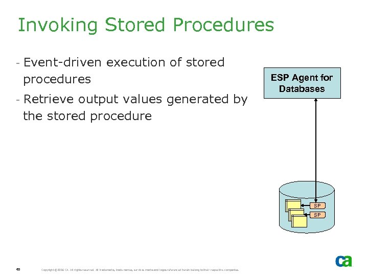 Invoking Stored Procedures - Event-driven execution of stored procedures - Retrieve output values generated