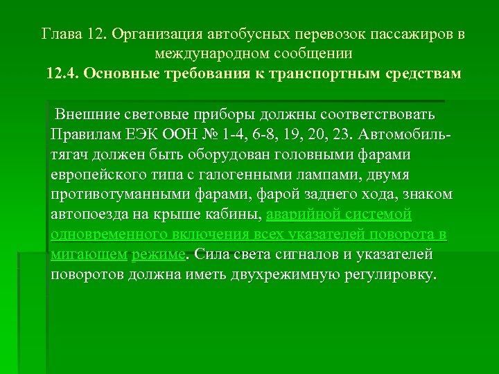 Глава 12. Организация автобусных перевозок пассажиров в международном сообщении 12. 4. Основные требования к