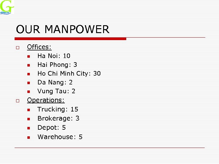 OUR MANPOWER o o Offices: n Ha Noi: 10 n Hai Phong: 3 n