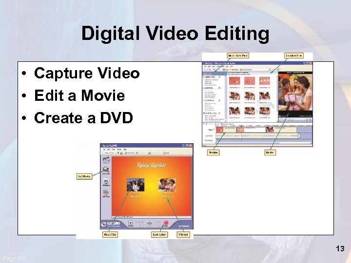 Digital Video Editing • Capture Video • Edit a Movie • Create a DVD