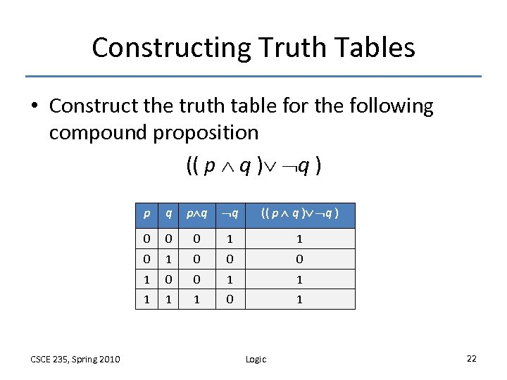 Constructing Truth Tables • Construct the truth table for the following compound proposition ((