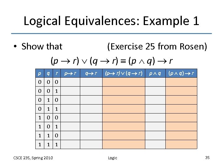 Logical Equivalences: Example 1 • Show that (Exercise 25 from Rosen) (p r) (q