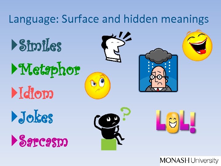 Language: Surface and hidden meanings Similes Metaphor Idiom Jokes Sarcasm 