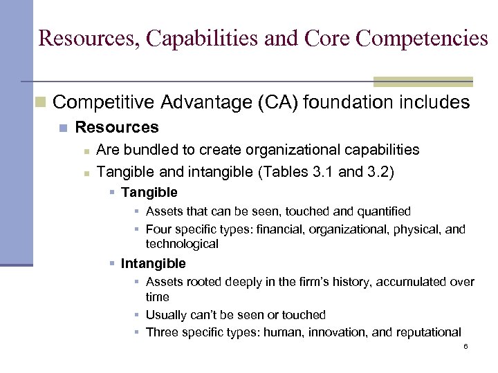 Resources, Capabilities and Core Competencies n Competitive Advantage (CA) foundation includes n Resources n