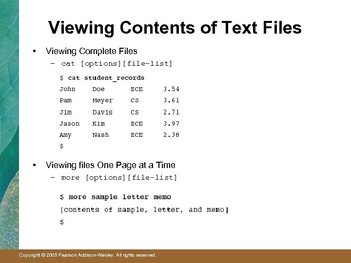 Viewing Contents of Text Files • Viewing Complete Files – cat [options][file-list] • Viewing
