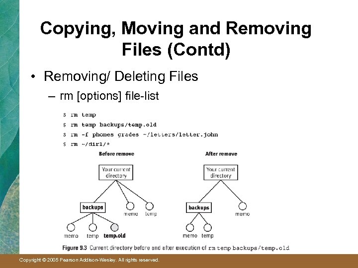 Copying, Moving and Removing Files (Contd) • Removing/ Deleting Files – rm [options] file-list