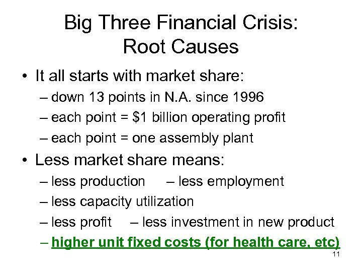Big Three Financial Crisis: Root Causes • It all starts with market share: –