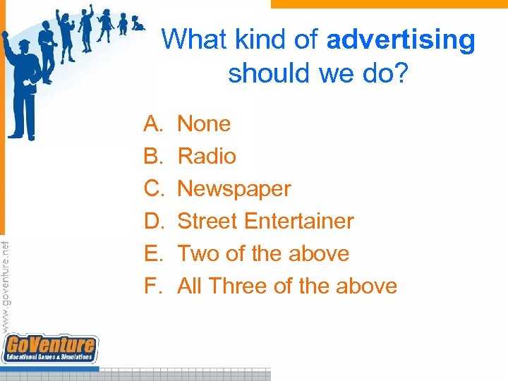 What kind of advertising should we do? A. B. C. D. E. F. None